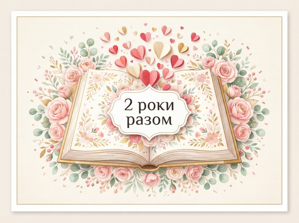 Ілюстрована листівка: розгорнута подарункова книга з паперовими серцями, що вилітають зі сторінок, обрамлена ніжно-рожевими трояндами, по центру чіткий напис &q