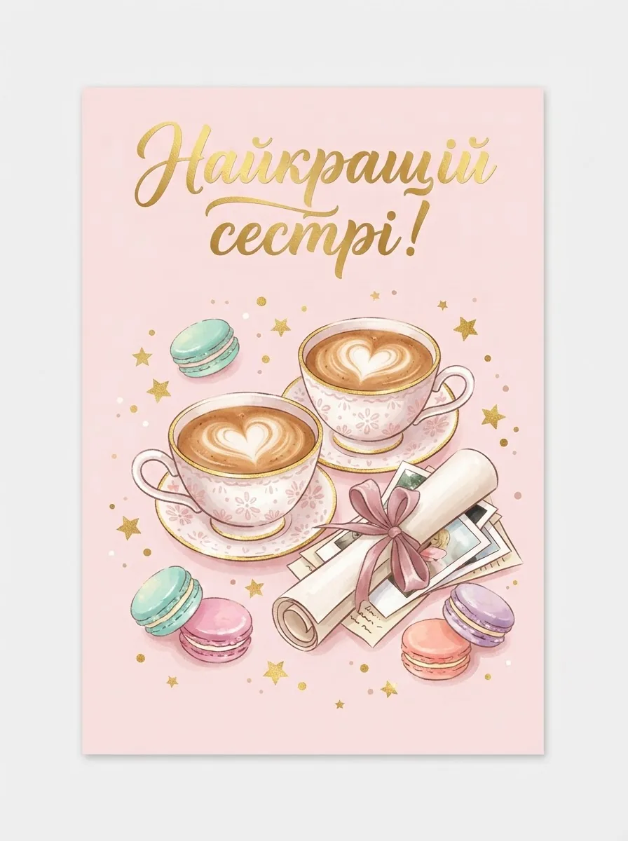 Вертикальна листівка з двома святковими чашками, солодощами та написом Найкращій сестрі