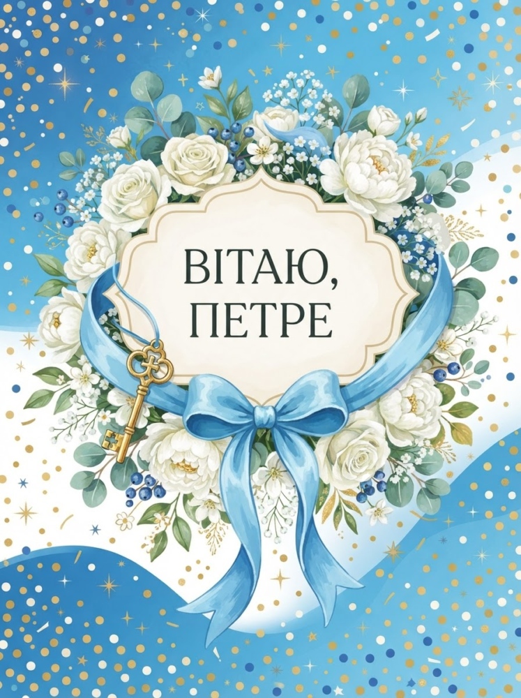 Ілюстрована листівка: блакитна стрічка, невеликий золотий ключ, білий букет і святкові крапки навколо світлої плашки з написом "Вітаю, Петре". Яскрави