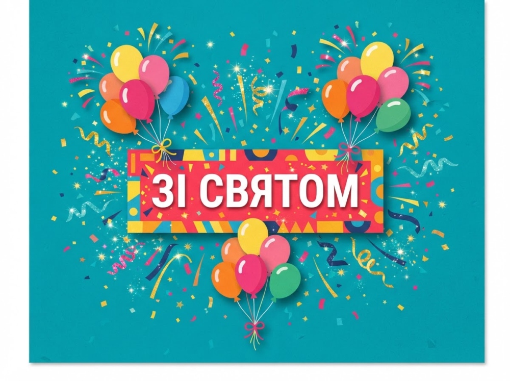 Колаж-листівка: три зв'язки різнокольорових повітряних кульок, феєрверк із конфеті на бірюзовому фоні, по центру яскрава плашка з написом "Зі святом&q