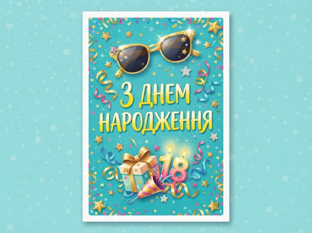 Яскрава молодіжна листівка: стильні сонцезахисні окуляри, серпантин, зірочки та напис «З днем народження» контрастним шрифтом на бірюзовому тлі.