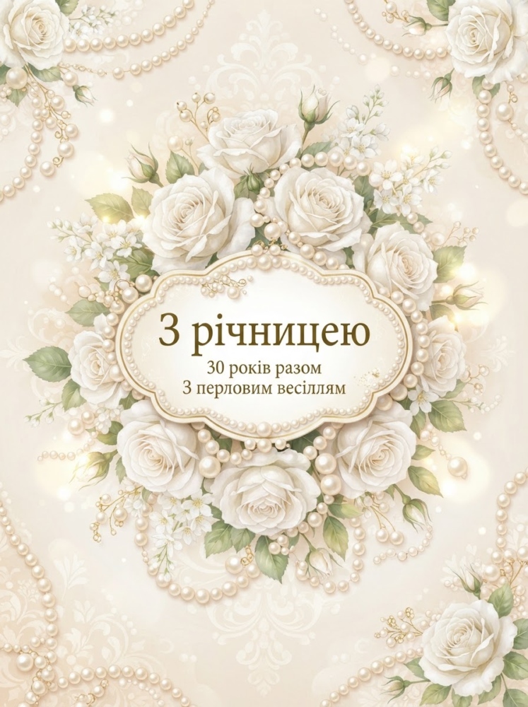 Ілюстрована листівка: витончена композиція з білих троянд і нитки натуральних перлів, ніжне розсіяне світло, у центрі на плашці напис "З річницею". Св