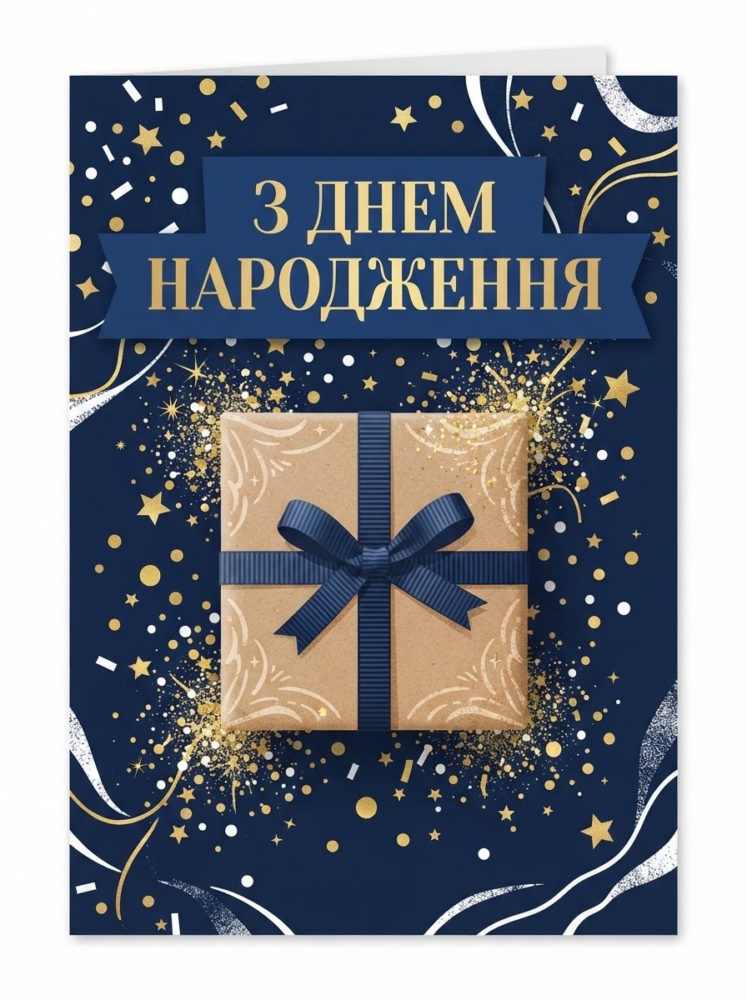 Ілюстрована вітальна листівка: стильна композиція з крафтової коробки з темно-синьою стрічкою, навколо золоті іскри та напис "З днем народження". Стри