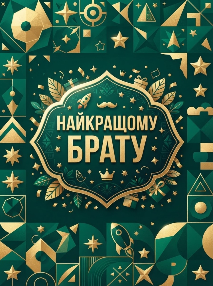 Типографічна листівка: геометричний фон у смарагдово-золотих тонах, у центрі контрастна плашка з написом "Найкращому брату".