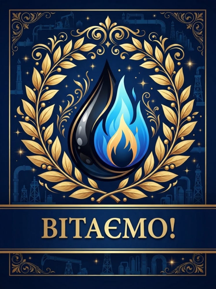 Ілюстрована вертикальна листівка: крапля нафти та язичок блакитного полум'я в обрамленні золотих лаврових гілок, унизу на синій плашці чіткий напис "В