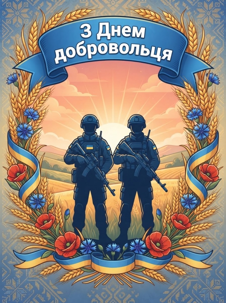 Листівка у стриманому стилі: стилізовані силуети двох захисників на фоні світанкового неба, обрамлені колоссям і синьою стрічкою, згори чіткий напис "З Дне