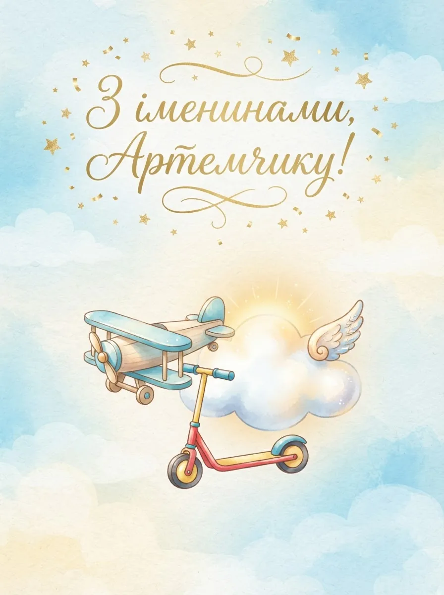 Дитяча листівка на день ангела з іграшковим літачком і хмаринкою