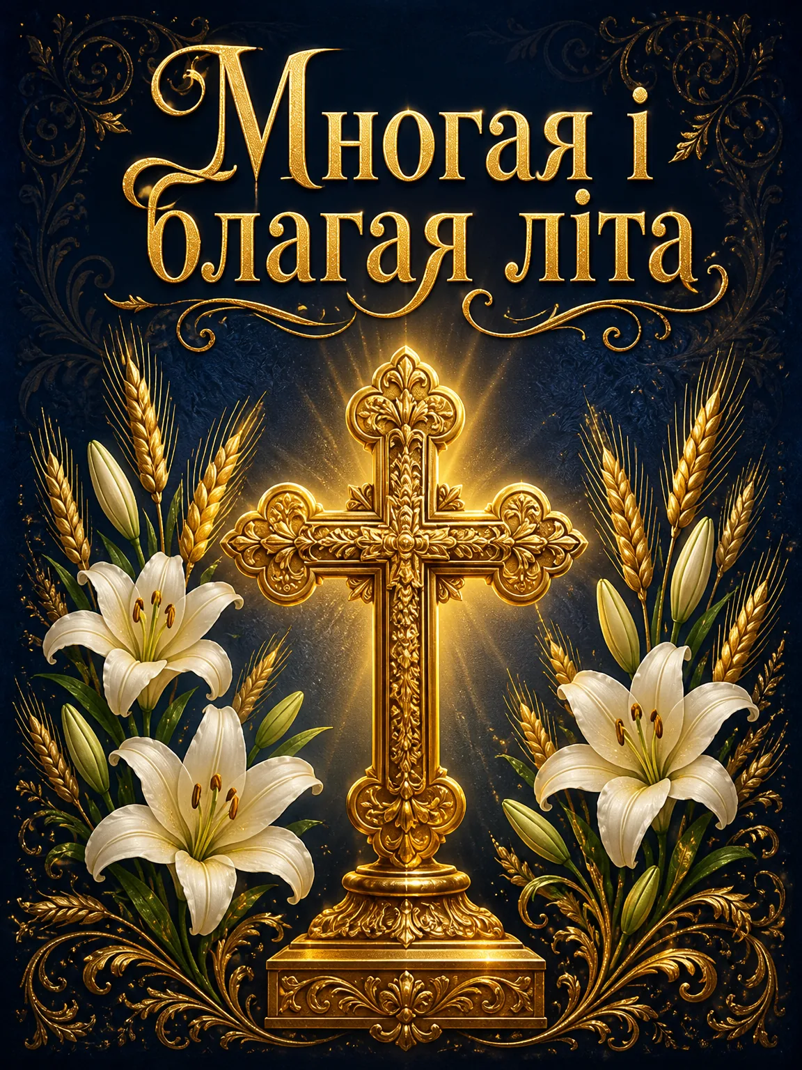 Святкова листівка священнику з золотим хрестом, лілеями та написом Многая і благая літа