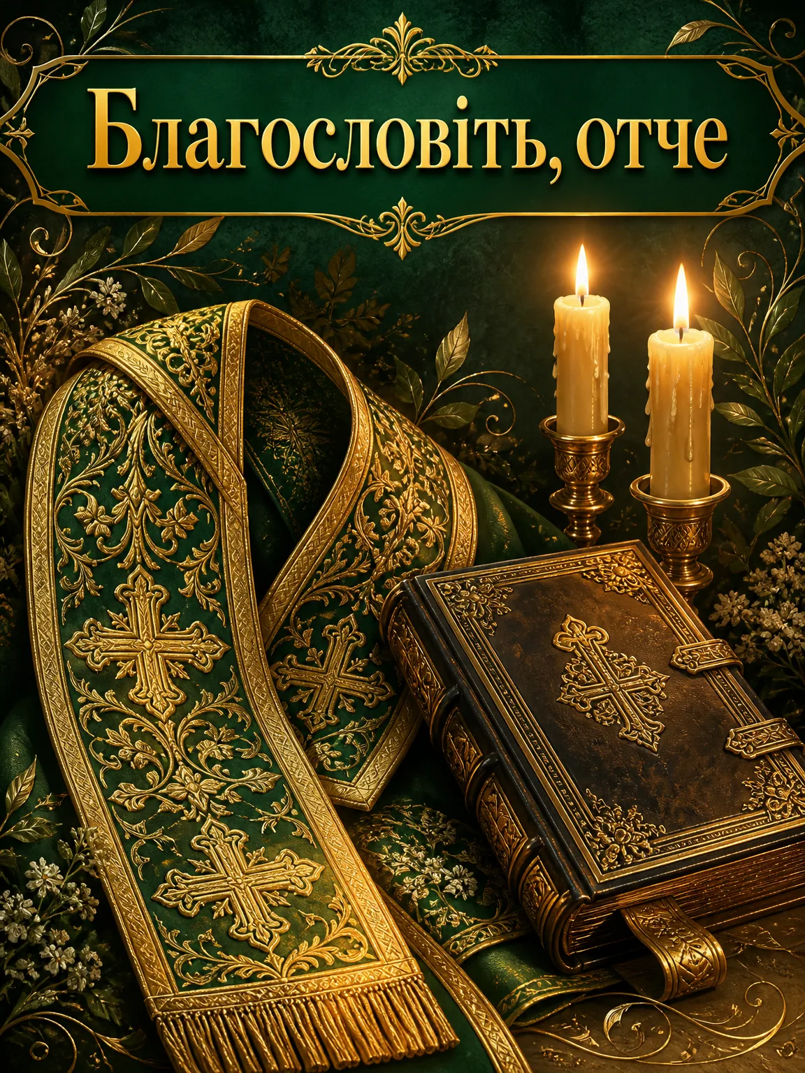 Ювілейна листівка настоятелю з омофором, богослужбовою книгою та написом Благословіть, отче