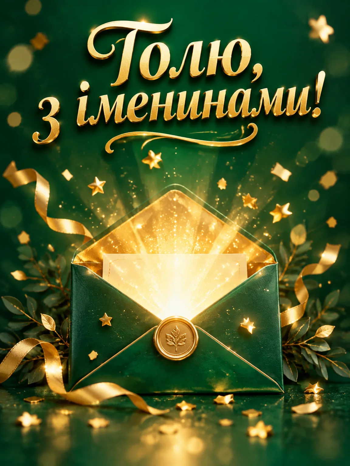 Листівка на смарагдовому тлі з відкритим сяючим конвертом і написом до іменин