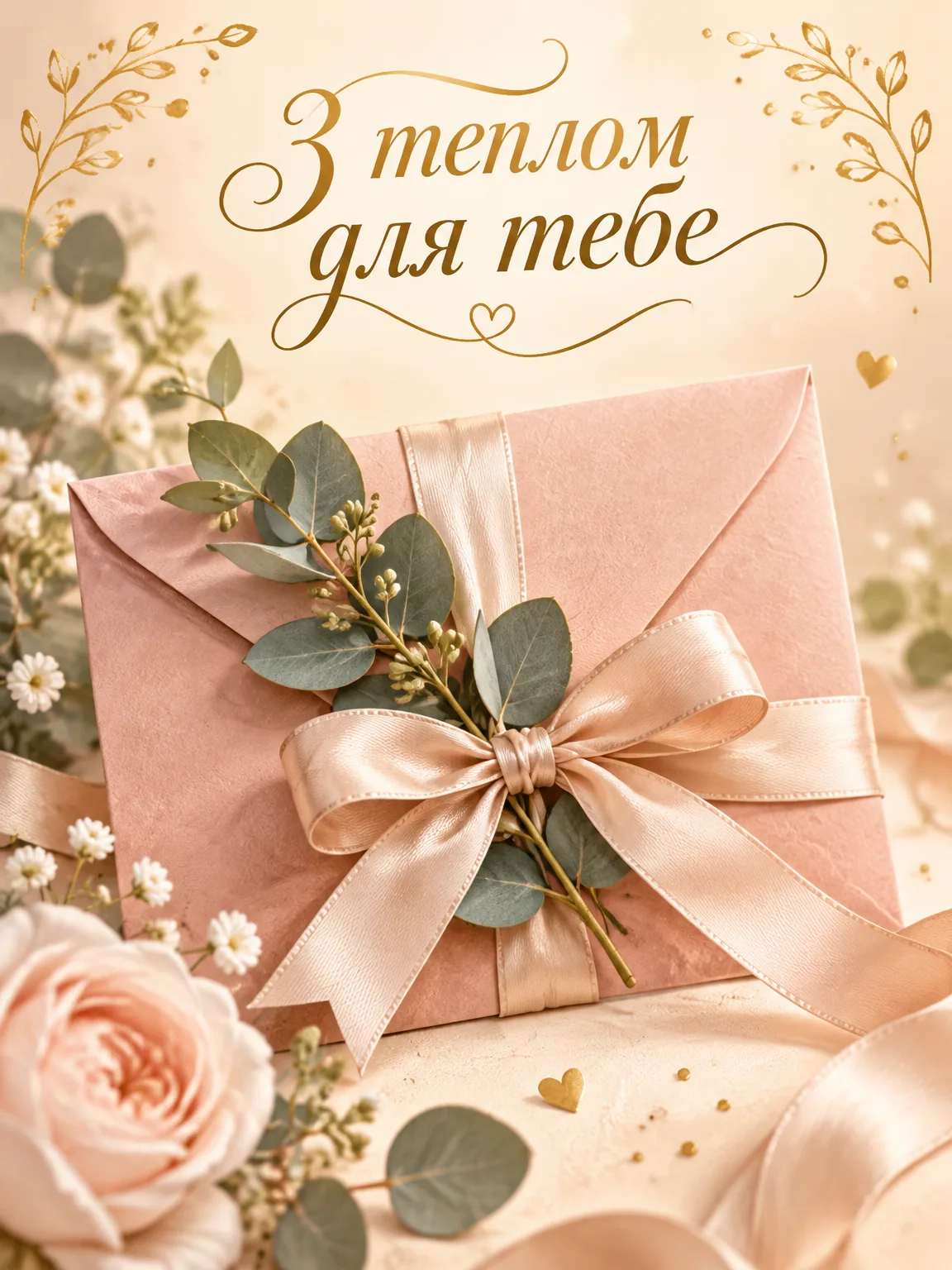 Елегантний пудровий конверт із гілочкою евкаліпта та написом «З теплом для тебе»