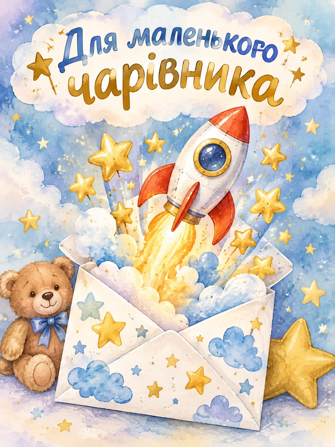 Дитячий конверт із казковою ракетою, зірочками та написом «Для маленького чарівника»