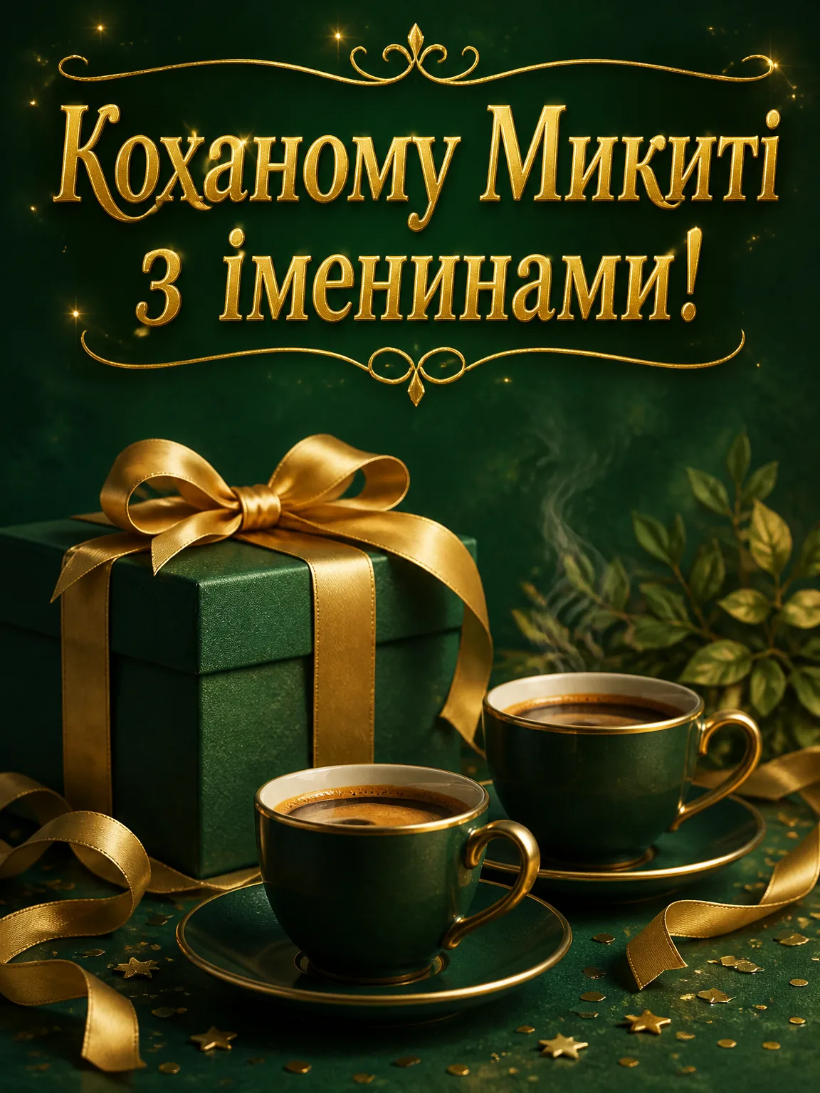 Вертикальна листівка на смарагдовому тлі з подарунком у золотій стрічці, чашками кави та вітальним написом