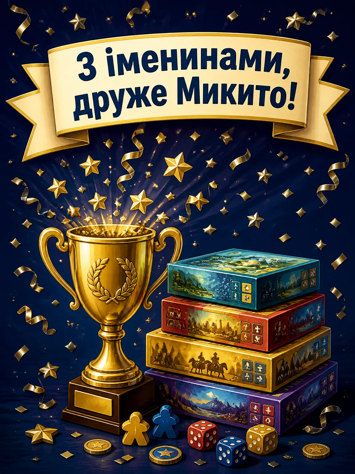 Вітальна листівка з кубком переможця, конфеті, настільними іграми та написом для друга