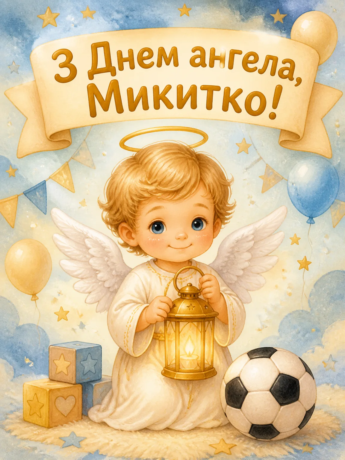 Акварельна дитяча листівка з маленьким ангелом, ліхтариком, іграшками та привітанням для Микитки