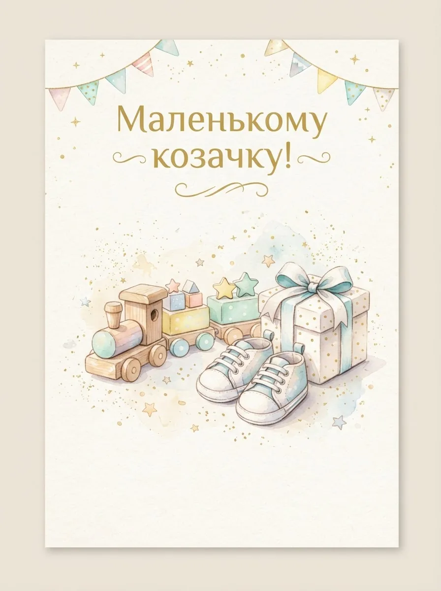 Дитячий іграшковий паровозик, крихітні черевички та подарункова коробка на листівці
