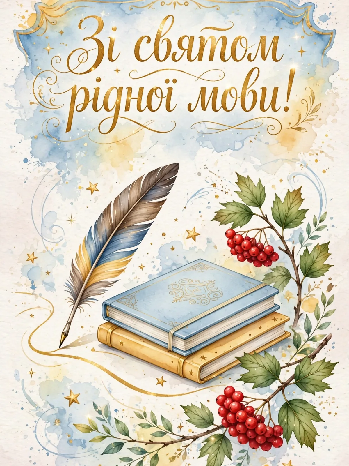 Вертикальна листівка з пером, калиною та написом до свята мови