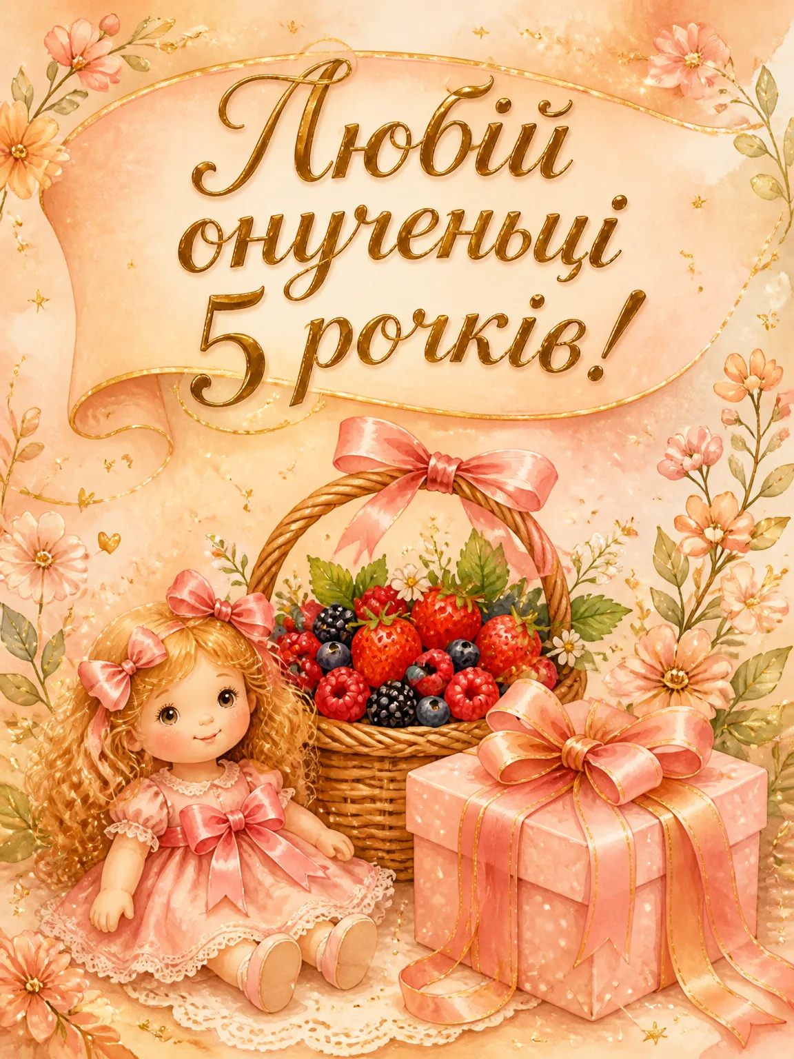 Дитяча вітальна листівка з кошиком ягід, ошатною лялькою та вітальним написом