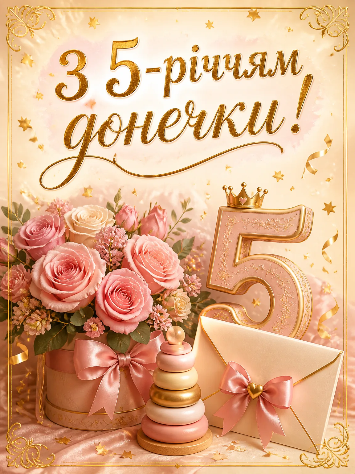 Вітальна листівка для батьків з букетом квітів, цифрою 5 і написом