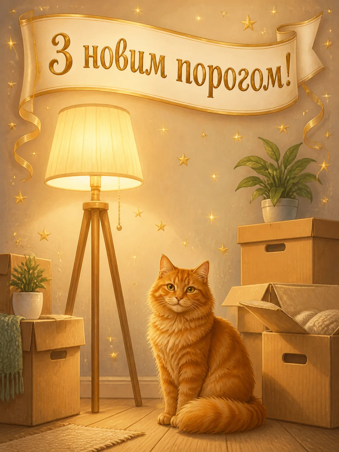 Картонні коробки для переїзду, торшер і рудий кіт із написом З новим порогом