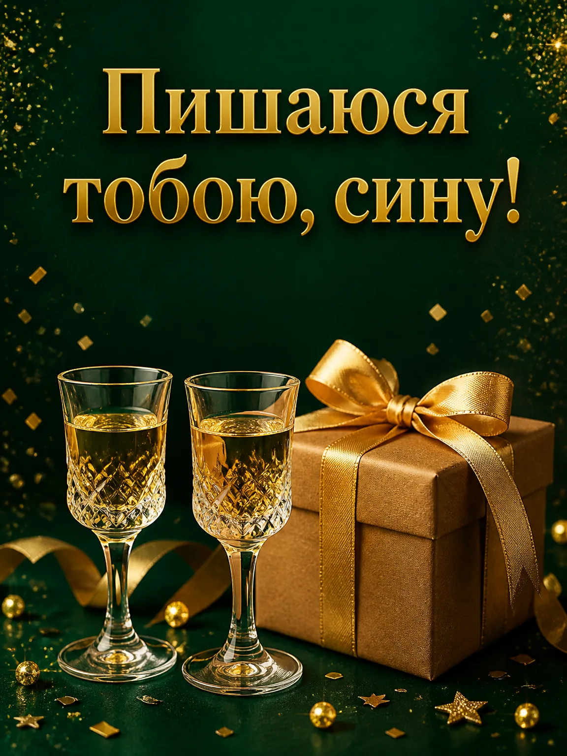 Листівка дорослому сину зі скляними чарками для тосту та подарунком