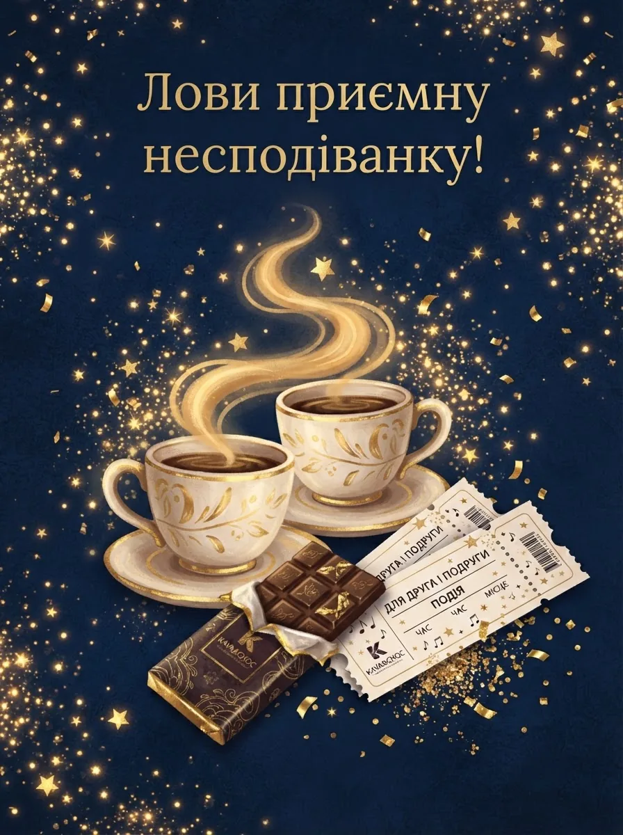Листівка для друзів з двома чашками кави, шоколадом, квитками та вітальним написом