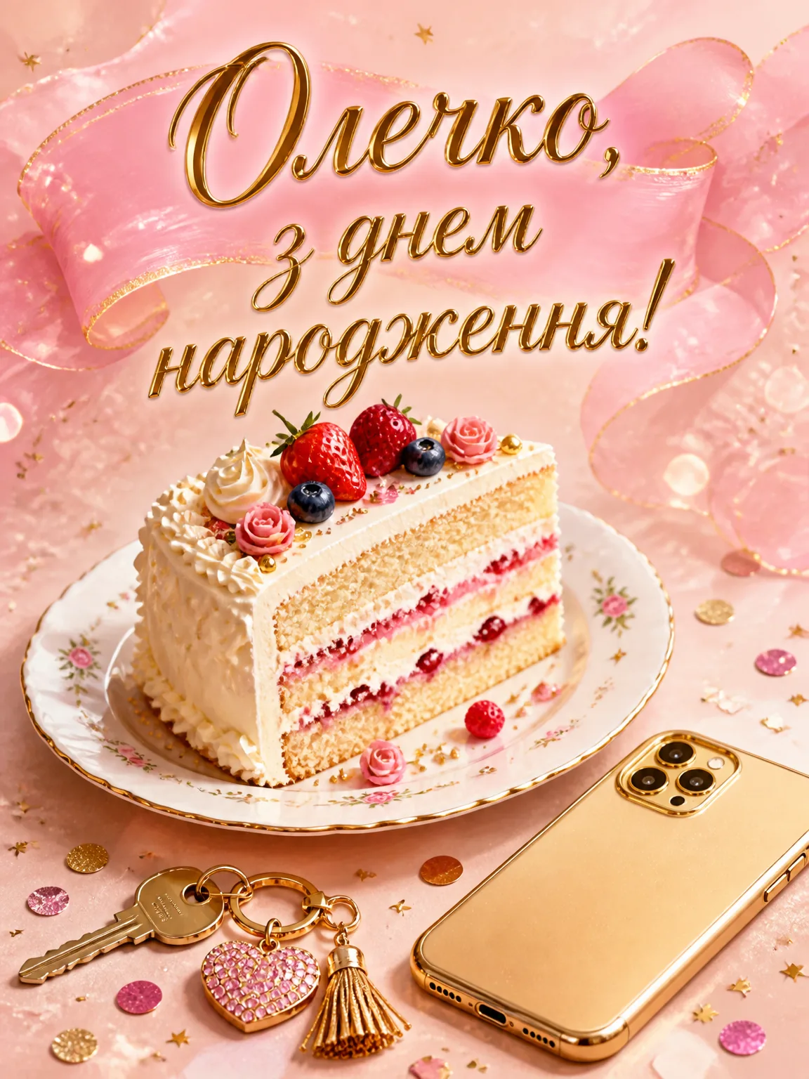 Шматок святкового торта, ключі, телефон і вітальний напис для Олечки