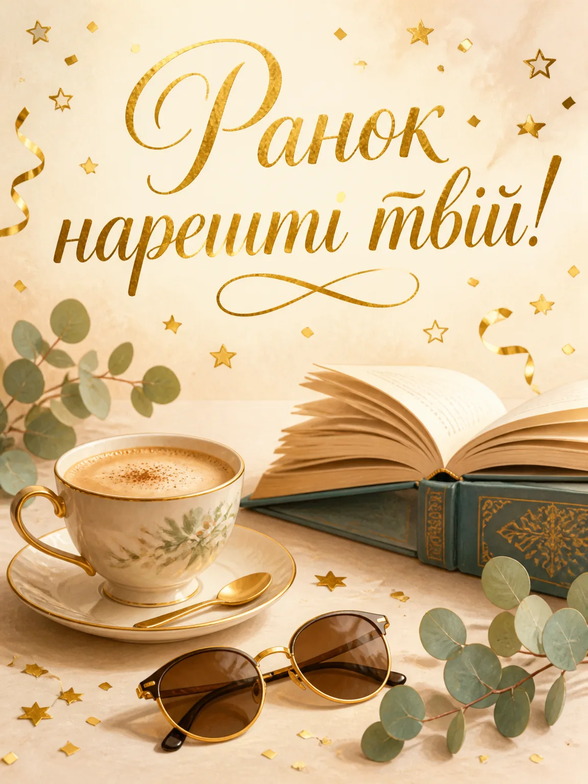 Чашка кави, книга та гілочки евкаліпта з вітальним написом