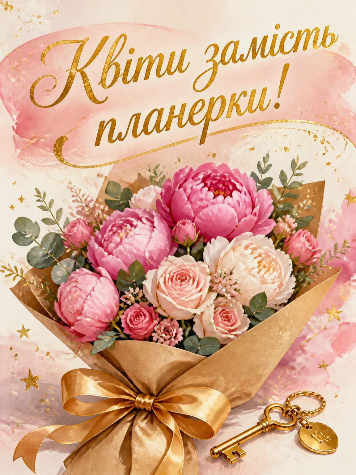 Пишний букет квітів зі стрічкою та святковий напис