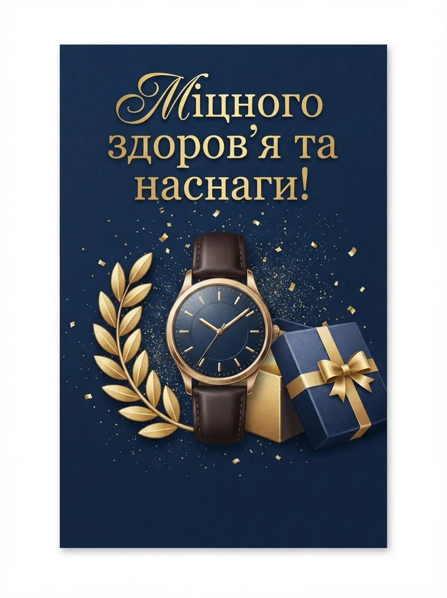 Чоловіча вітальна листівка з годинником та лавровою гілкою на синьому тлі