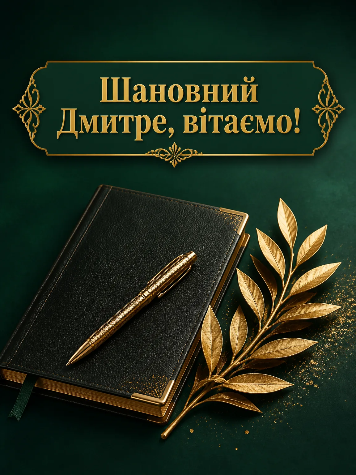 Ділова вітальна листівка для колеги чи керівника зі щоденником і золотою ручкою на смарагдовому тлі