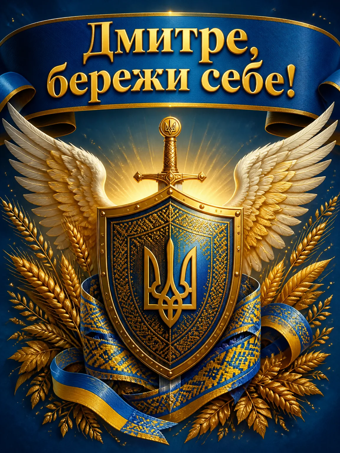 Вітальна листівка для захисника із символічним щитом, колоссям і крилами ангела