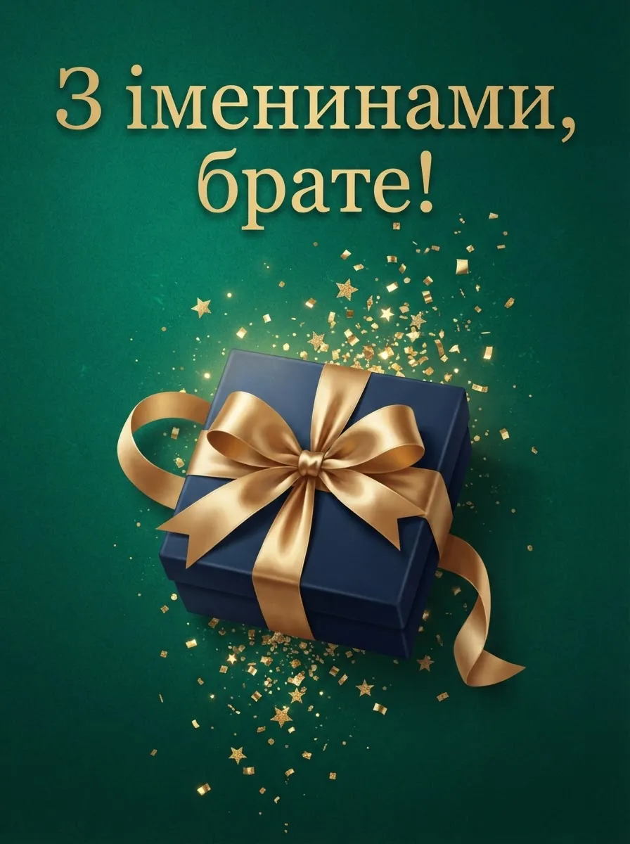 Листівка для брата з подарунковою коробкою та золотим конфеті