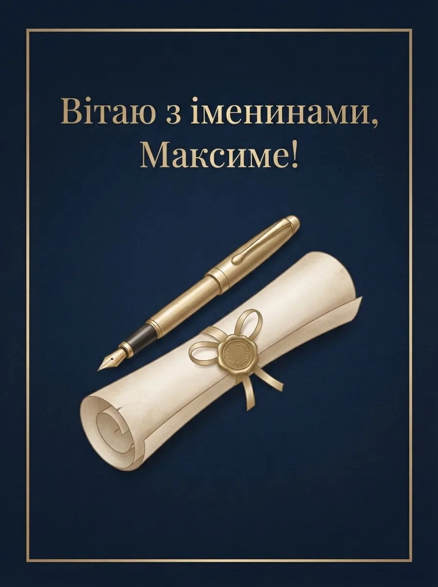 Стримана листівка для колеги з золотою авторучкою та печаткою