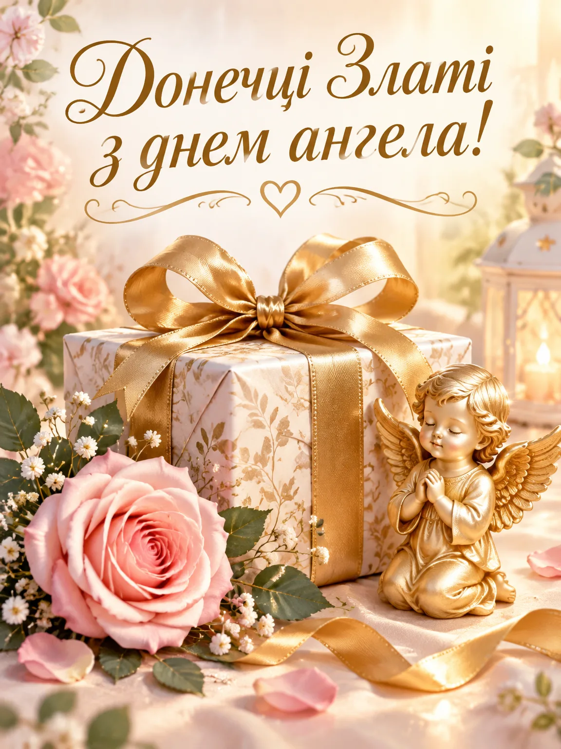 Листівка до дня ангела для доньки з подарунком у золотій стрічці та фігуркою ангела