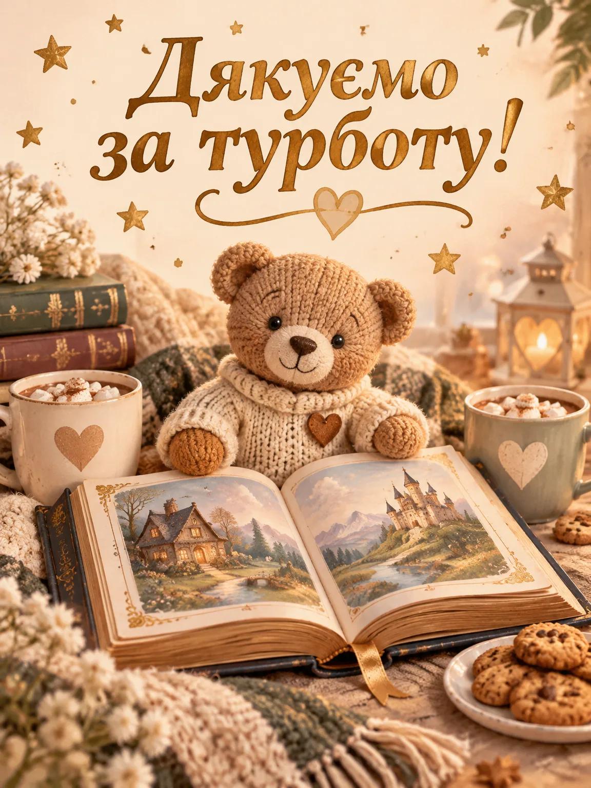 Листівка подяки батькам, які стали бабусею й дідусем, із книгою казок та в'язаним ведмедиком