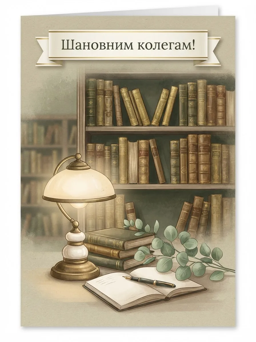 Святкова листівка колегам і бібліотекарям із книжковою полицею та затишною лампою