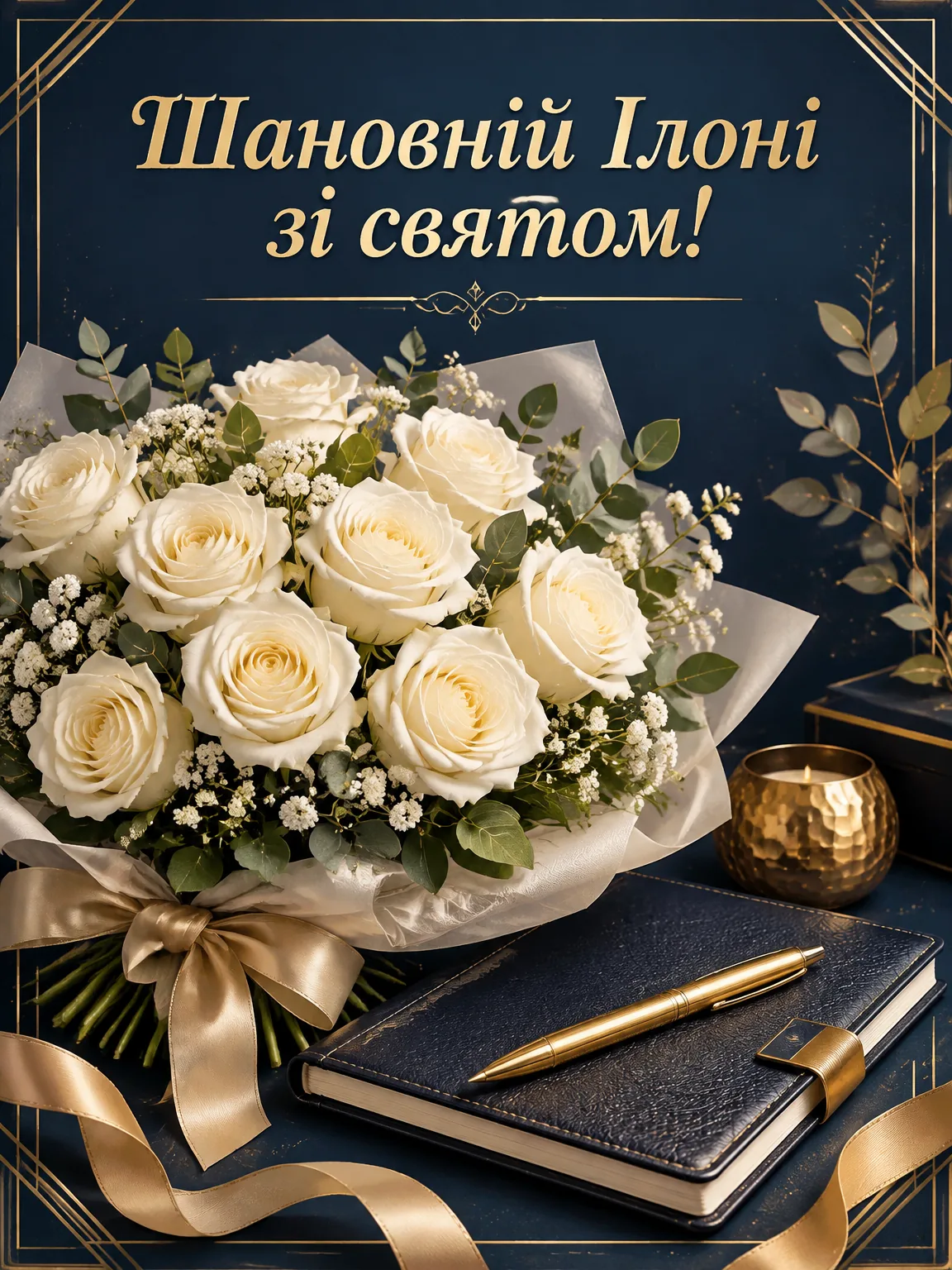Букет білих троянд і щоденник із золотою ручкою на темно-синьому тлі з написом Шановній Ілоні зі святом!