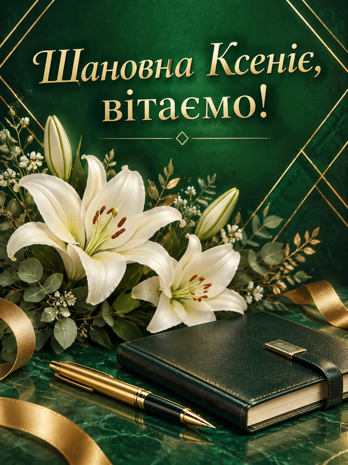 Елегантна ділова листівка з білими ліліями та написом Шановна Ксеніє, вітаємо