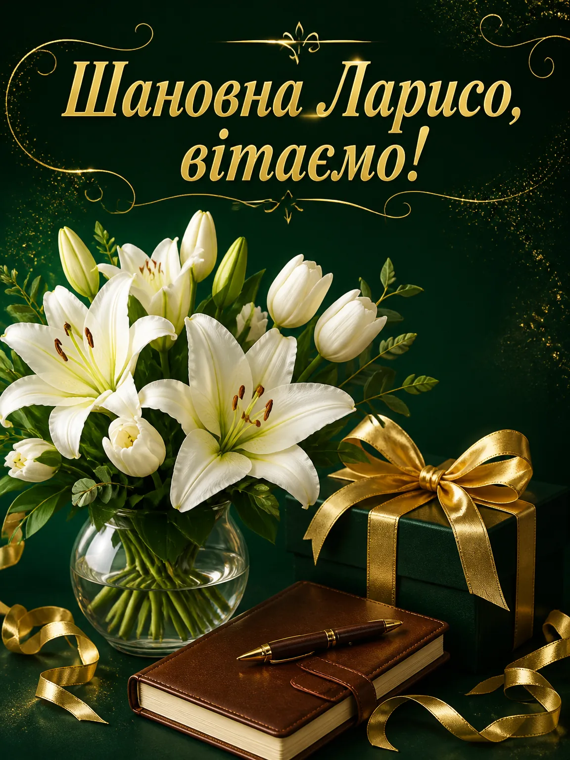 Елегантна листівка з днем народження для колеги Лариси з білими ліліями та щоденником