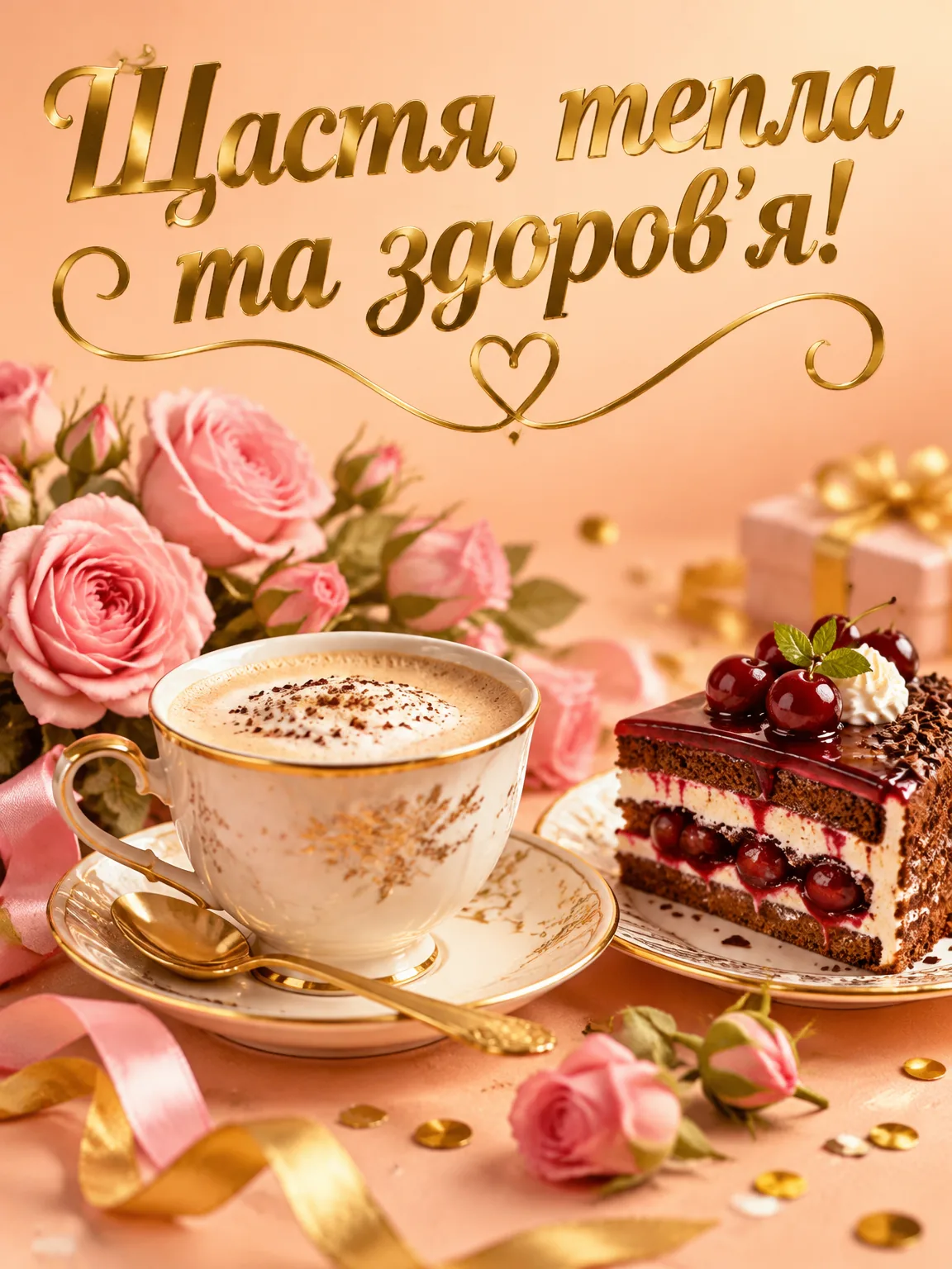 Чашка кави, святковий шматочок вишневого торта та квіти