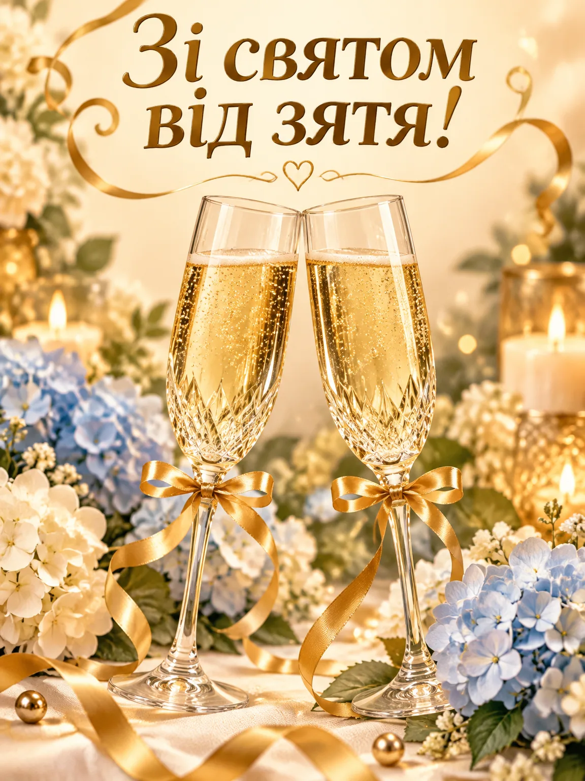 Святкові кришталеві келихи з ігристим напоєм і квіти гортензії