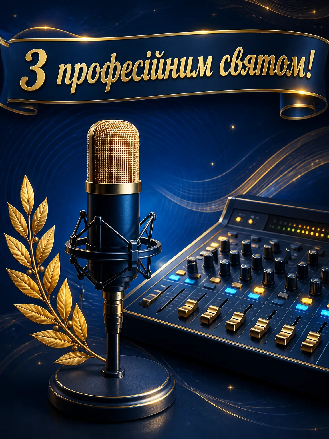 Офіційна вітальна листівка з мікшерним пультом, мікрофоном і золотою гілкою