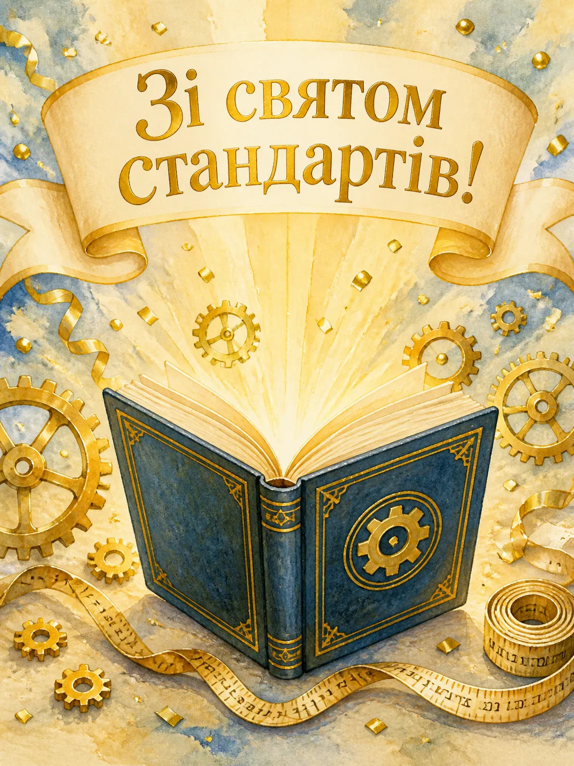 Святкова листівка з книгою стандартів, золотими шестернями та міліметровою стрічкою