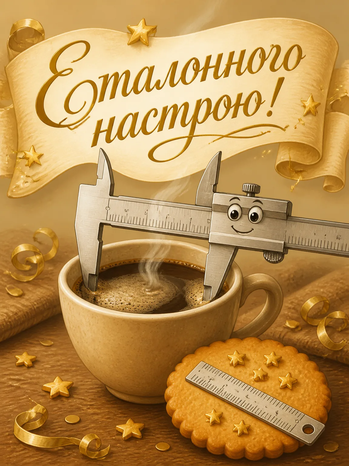 Листівка з чашкою кави, яку вимірює штангенциркуль, та печивом