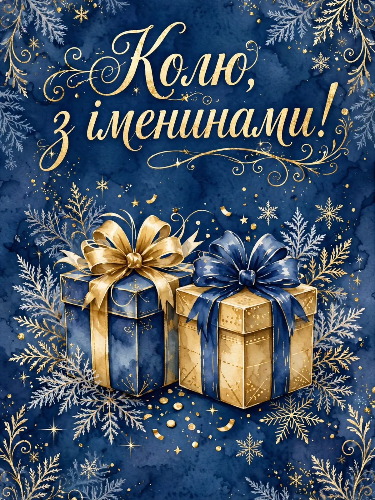 Вертикальна листівка з подарунковими коробками та написом Колю, з іменинами!