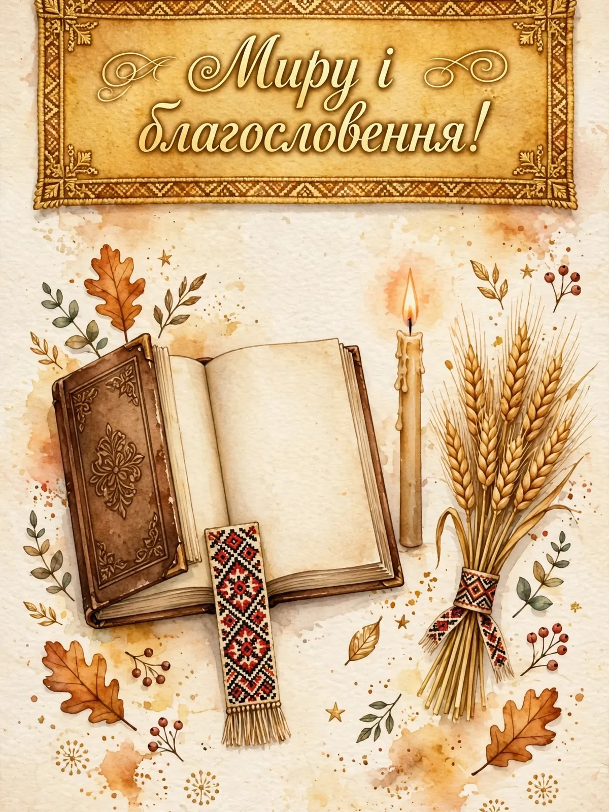Листівка з молитовною книгою, запаленою свічкою, колосками та написом