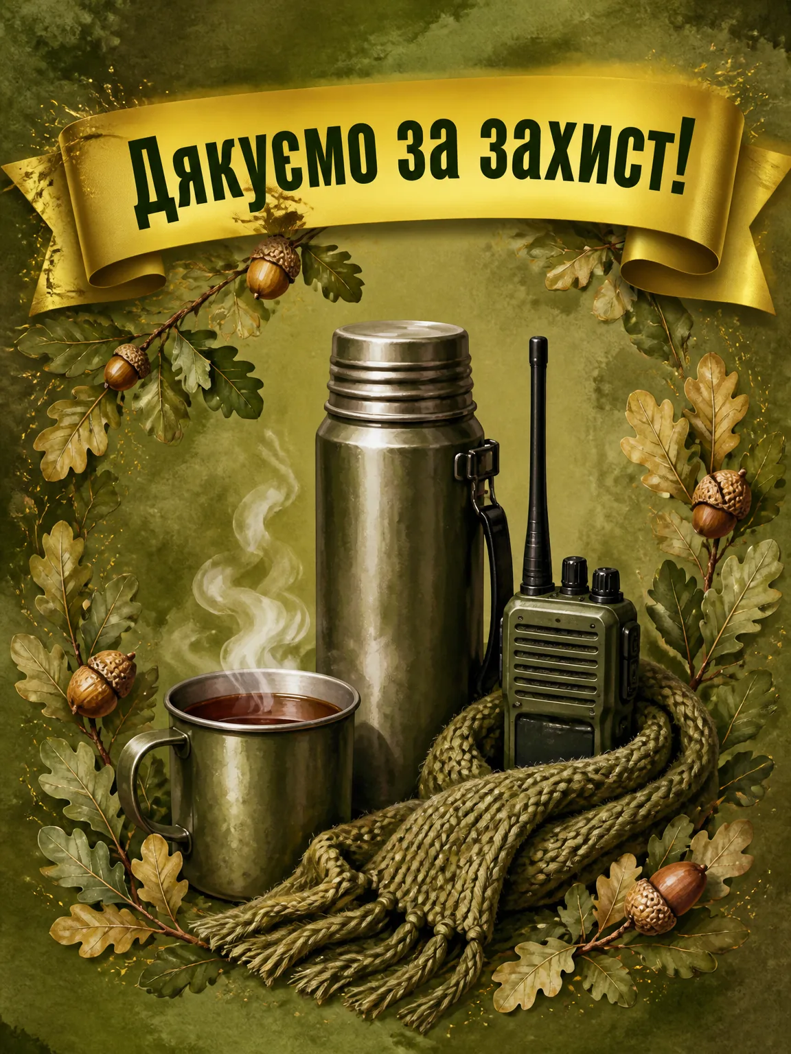 Листівка зі словами вдячності, військовим термосом, рацією та дубовими гілками