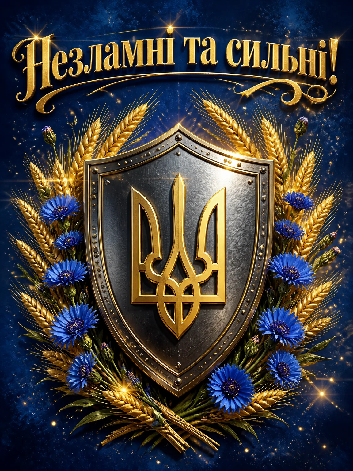 Патріотична листівка з металевим щитом, золотим тризубом і колоссям пшениці