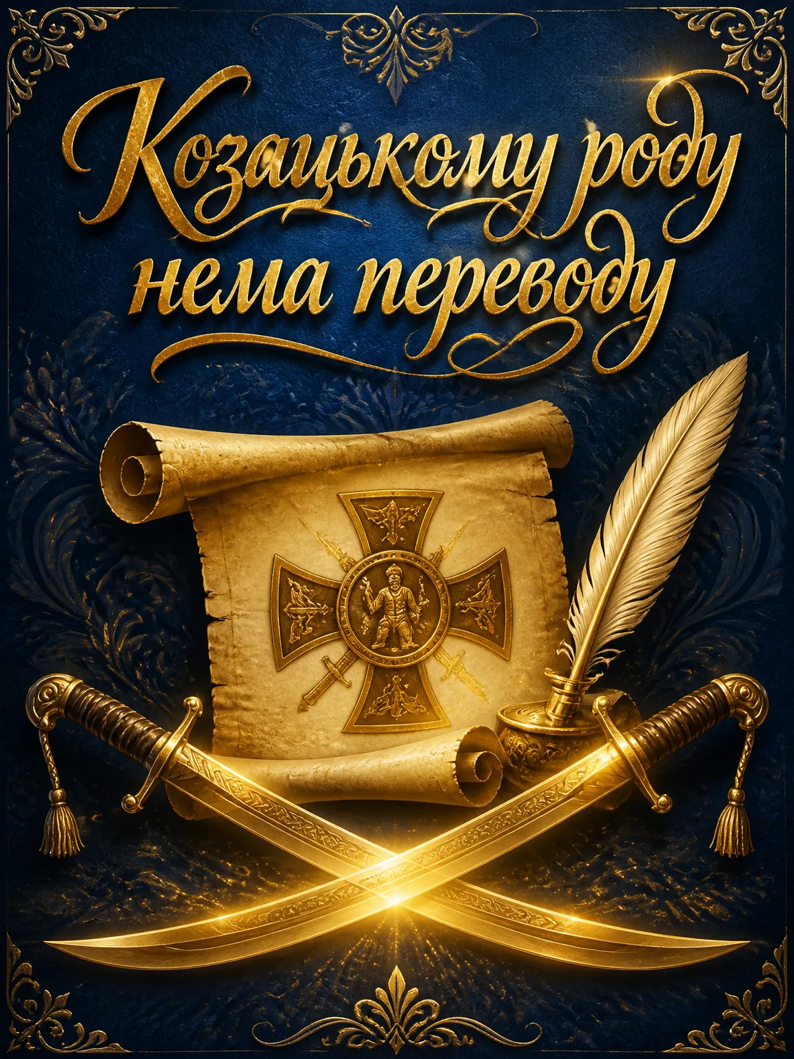 Листівка з козацьким сувоєм, пером, шаблями й написом Козацькому роду нема переводу